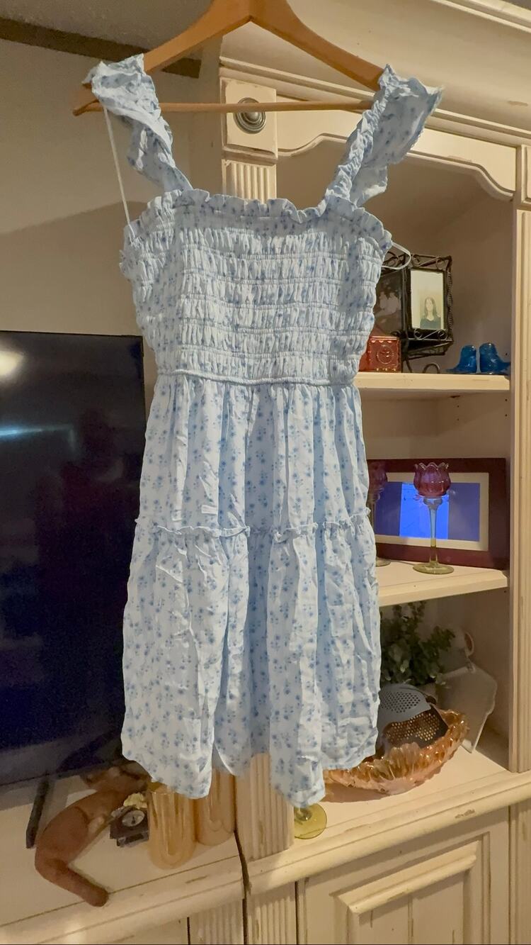 Pink Rose Blue Floral Smocked Midi Dress Ruffle Strap Cottagecore Women M